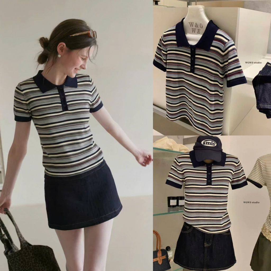𝐍𝐠𝐨𝐜𝐚𝐧𝐡𝟔𝟗𝟓𝟗 WGWE A804 Áo polo cổ bẻ ngắn tay kẻ mã #9191 phong cách basic tiểu thư mùa hè N999 Ord | BigBuy360 - bigbuy360.vn