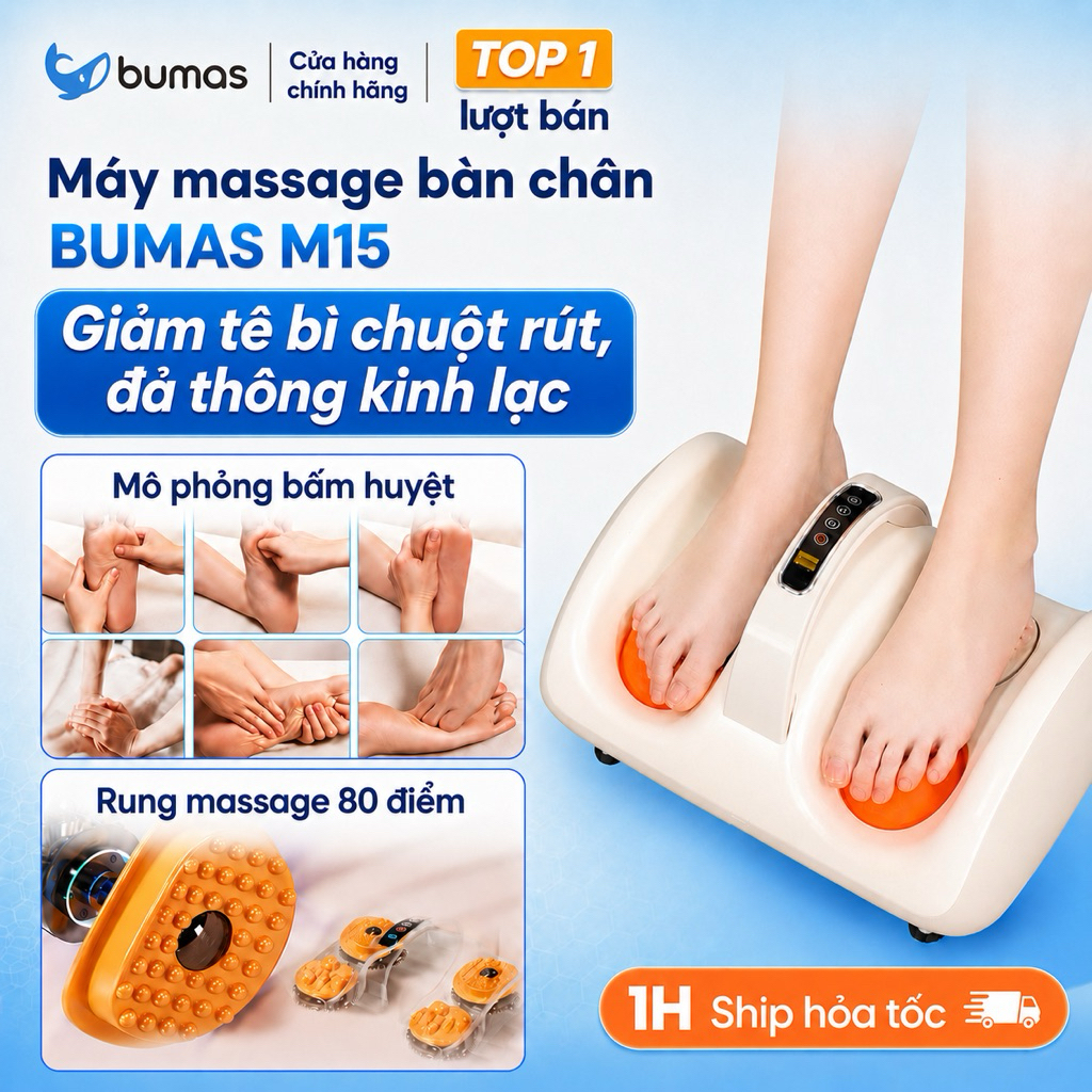 [Set Quà] Máy Massage Bàn Chân BUMAS M15 -  Massage Rung Bấm Huyệt + Chườm Ấm 40⁰C Bằng Ánh Sáng Đỏ