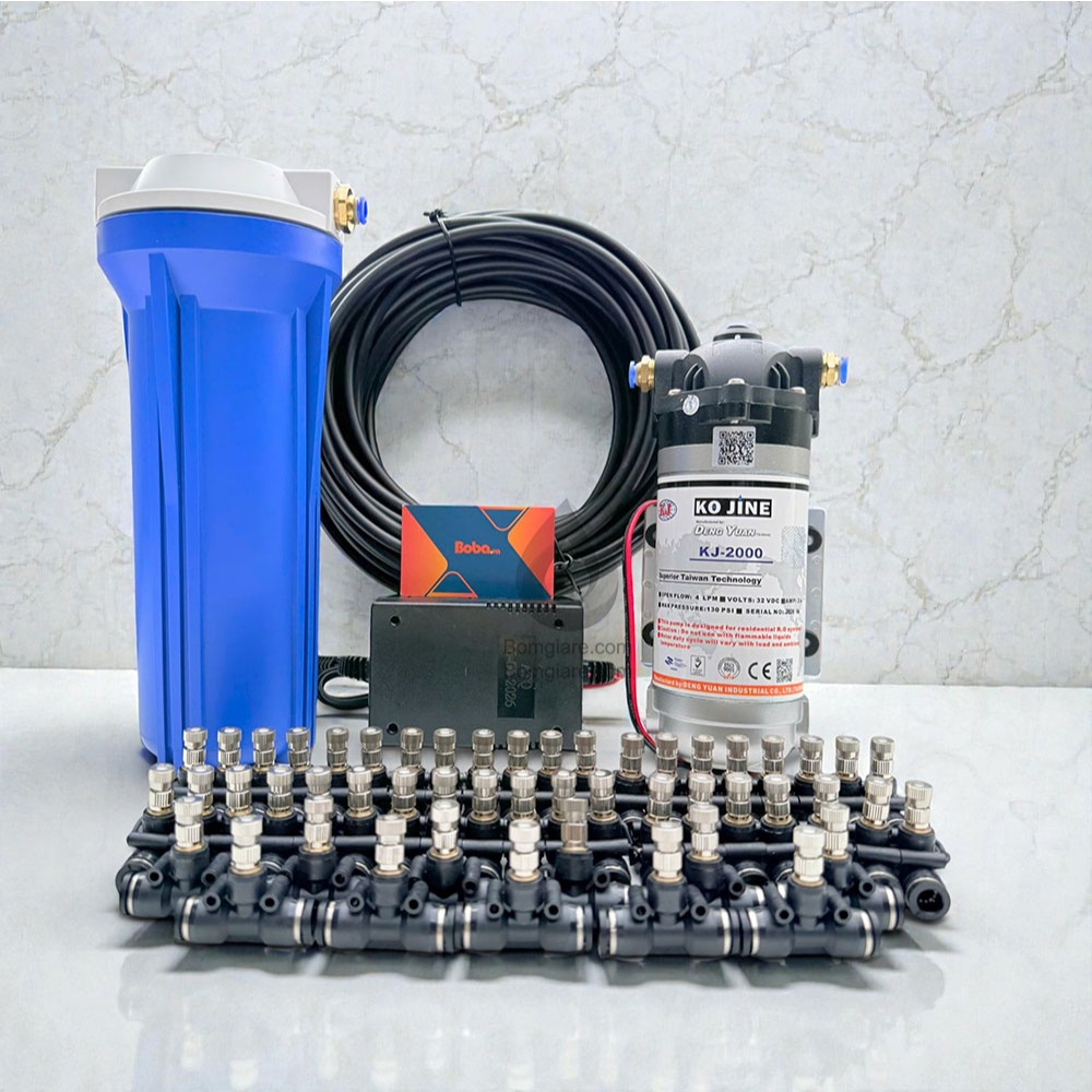 Bộ máy phun sương làm mát quán cà phê kj2000 60 đầu phun inox, kho xưởng , tưới lan , tạo ẩm
