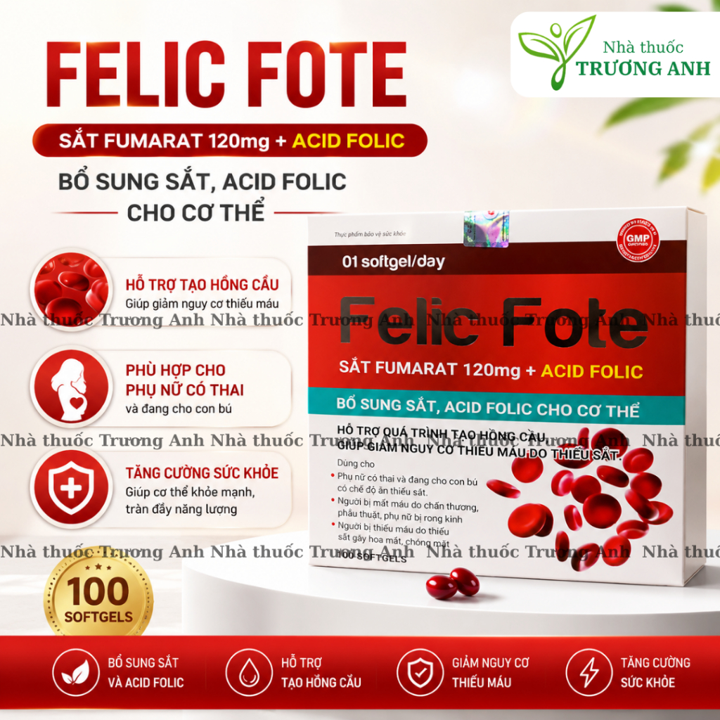 VIÊN SẮT FELIC FOTE. GIẢM TÌNH TRẠNG THIẾU MÁU DO THIẾU SẮT, DA HỒNG HÀO, TĂNG ĐỀ KHÁNG. HỘP 100 VIÊ