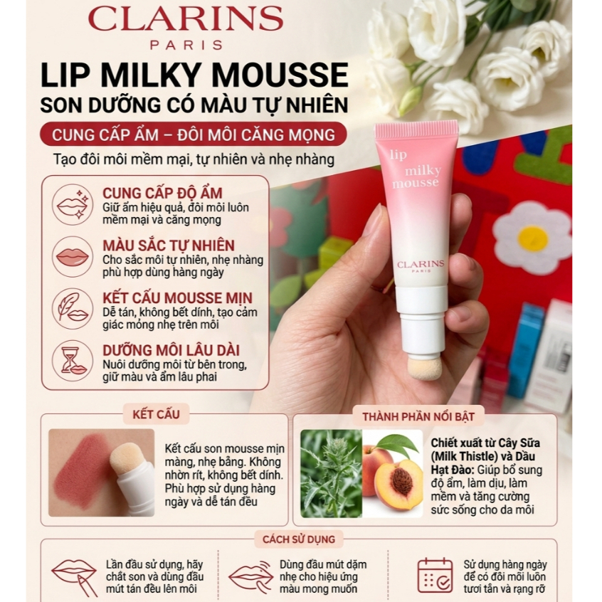 Lip Milky Mousse Clarins 03 - son dưỡng hồng giảm thâm môi
