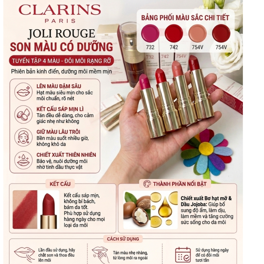 Son Joli Rouge Clarins - Son màu dưỡng khô gây sạm thâm môi