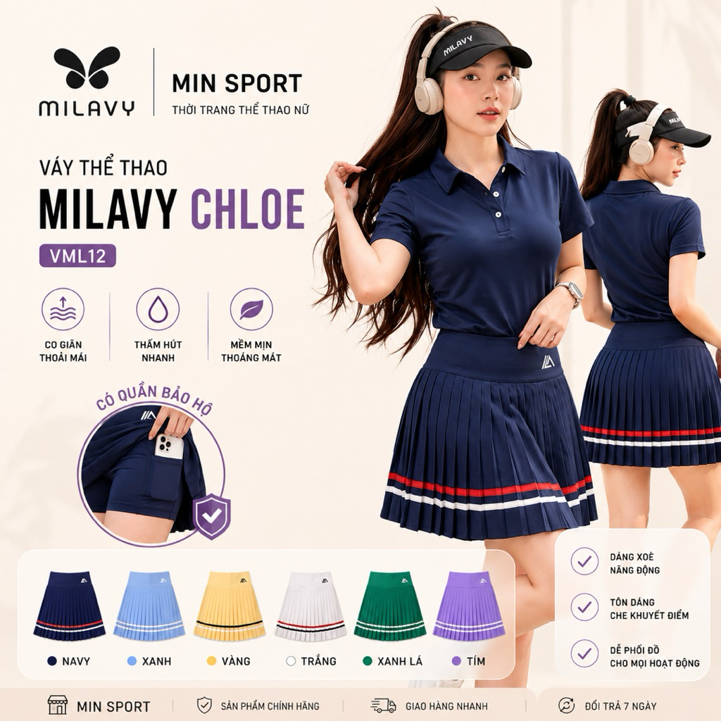 Chân Váy Thể Thao Nữ MILAVY Xếp Ly Chloe Skirt Có Sẵn