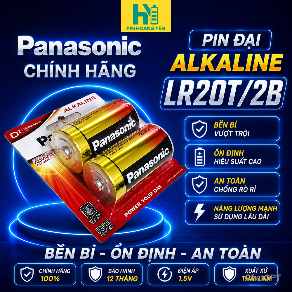 Vỉ 2 viên Đại (D) Panasonic  Alkaline LR20T/2B - pin bếp ga, đồng hồ cây, đài,...