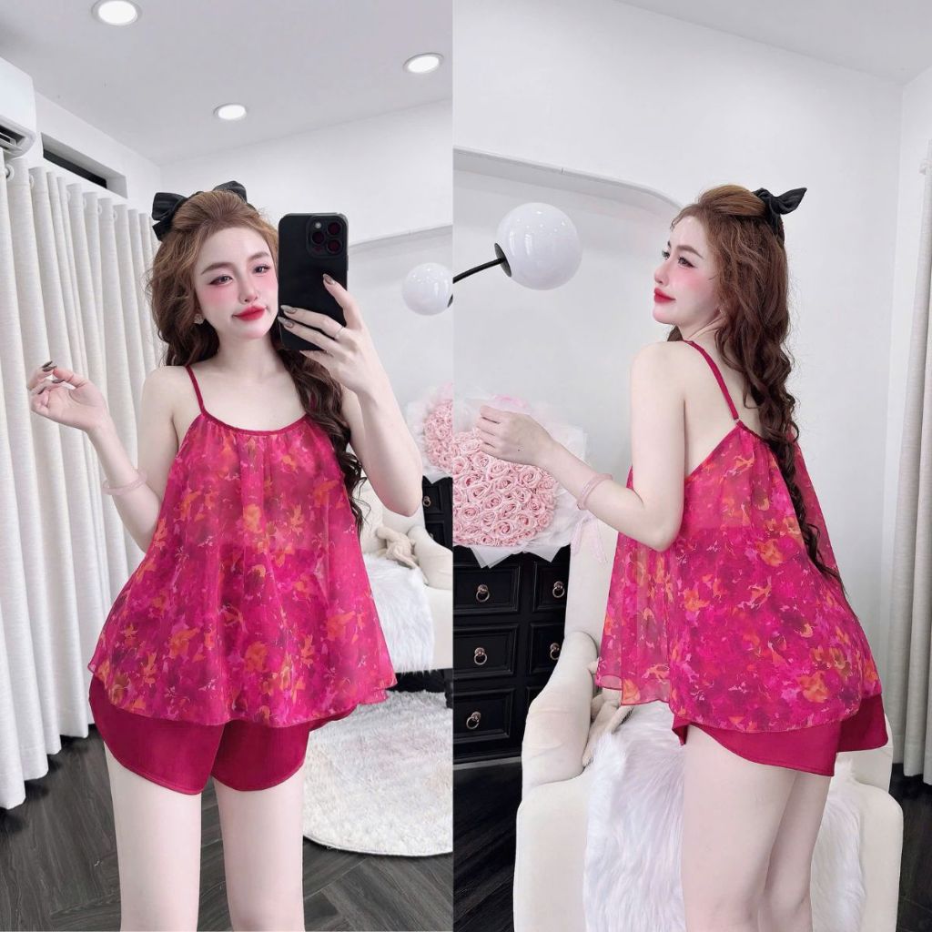 M24 Đồ ngủ nữ BIGSIZE MIKY, Đồ ngủ sexy lụa Chiffon phối Latin cao cấp mềm mại xinh xắn <70kg | BigBuy360 - bigbuy360.vn