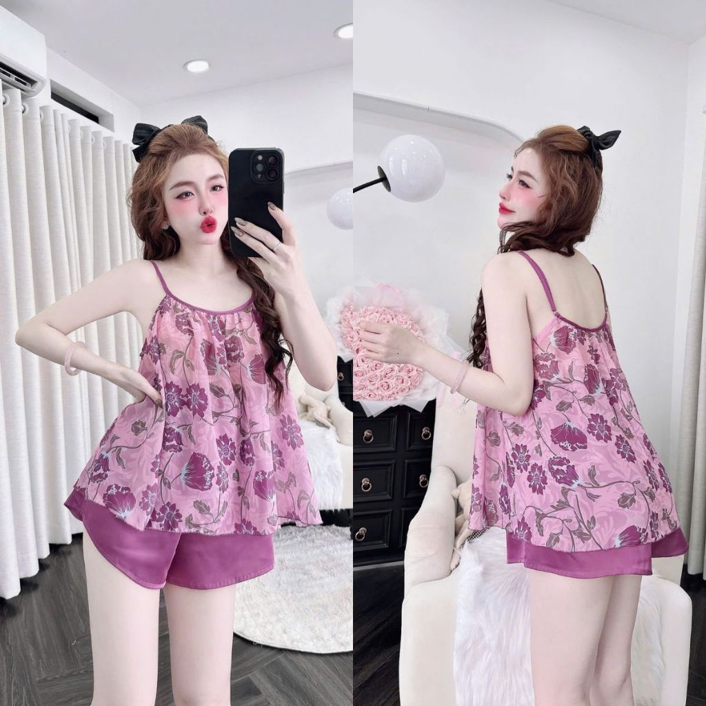 M24 Đồ ngủ nữ BIGSIZE MIKY, Đồ ngủ sexy lụa Chiffon phối Latin cao cấp mềm mại xinh xắn <70kg | BigBuy360 - bigbuy360.vn