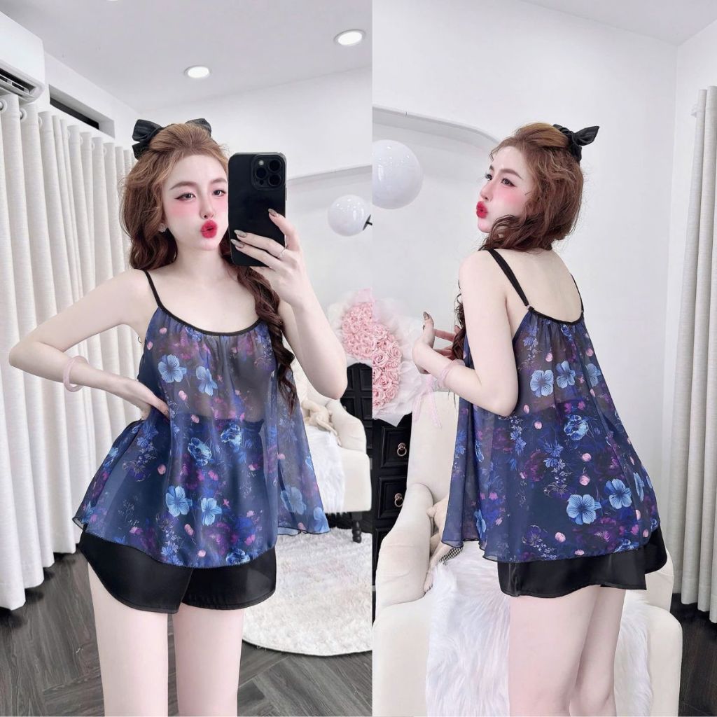 M24 Đồ ngủ nữ BIGSIZE MIKY, Đồ ngủ sexy lụa Chiffon phối Latin cao cấp mềm mại xinh xắn <70kg | BigBuy360 - bigbuy360.vn