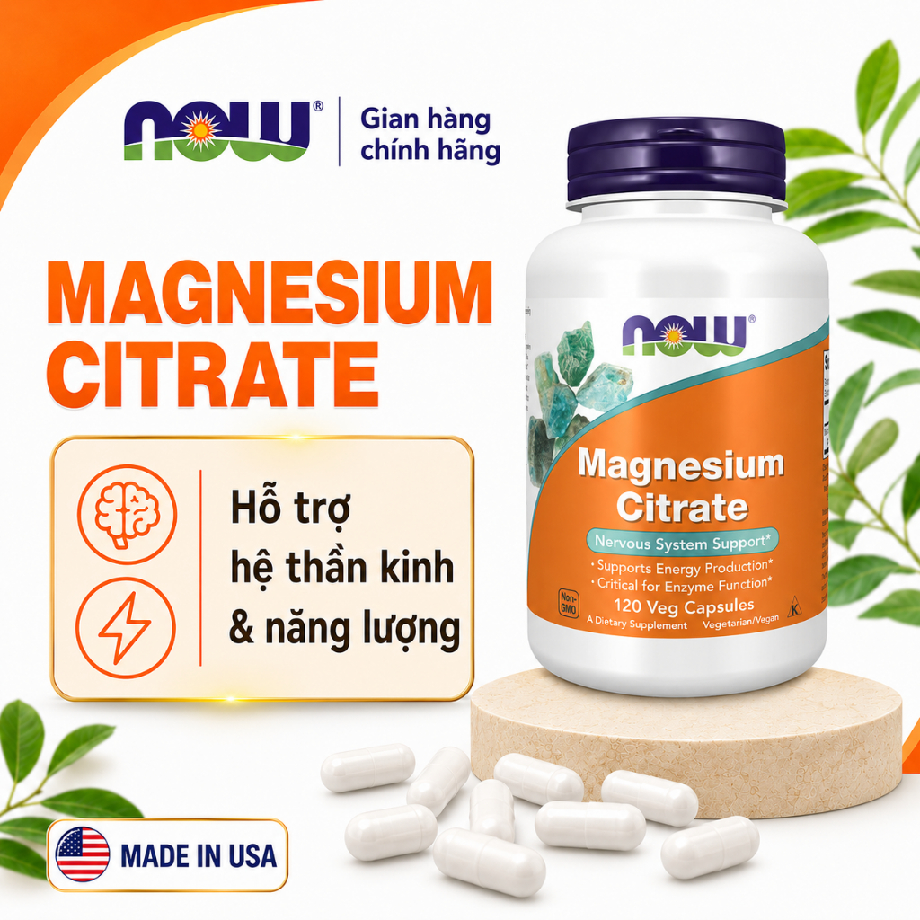 (đủ bill) Viên uống magie Magnesium Citrate Now, hỗ trợ giảm táo bón, giảm stress, mất ngủ, đau cơ