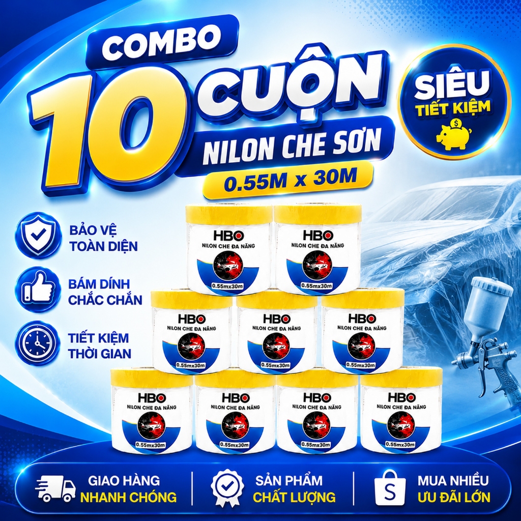 Combo 10 Cuộn Nilon Che Sơn 0.55x30m HBO - Màng Che Bụi Có Keo Dán Sẵn, Che Xe Ô Tô, Nội Thất, Sơn N