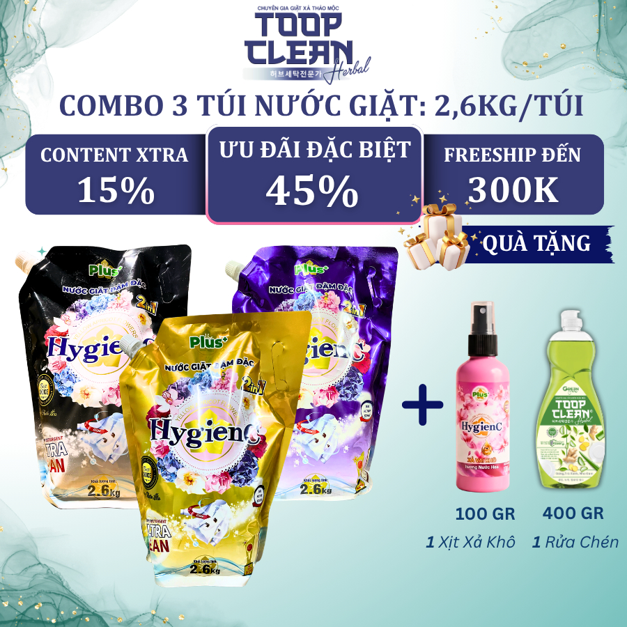 Combo 3 Túi Nước Giặt HygienC Plus 2.6Kg/ Túi Đậm Đặc Hương Nước Hoa - Sản Xuất Tại Việt Nam
