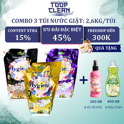 Combo 3 Túi Nước Giặt HygienC Plus 2.6Kg/ Túi Đậm Đặc Hương Nước Hoa - Sản Xuất Tại Việt Nam