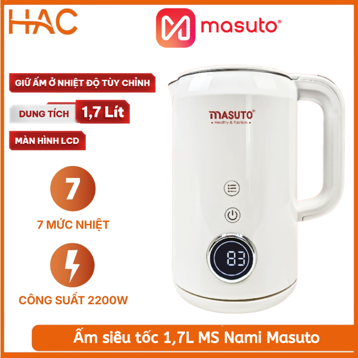Ấm Siêu Tốc 1.7L MS Nami Masuto – Bình Đun Nước Siêu Tốc Inox 304, Công Suất Lớn, Tự Ngắt An Toàn