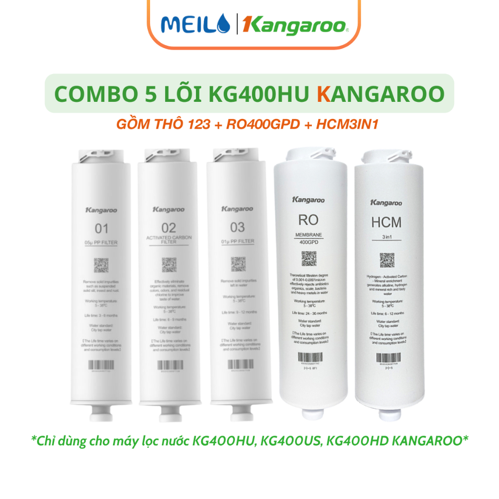 Combo 5 Lõi KG400HU Kangaroo Chính Hãng Gồm Bộ Thô 123, Màng RO 400GPD, Lõi Khoáng HCM 3in1 Model KG