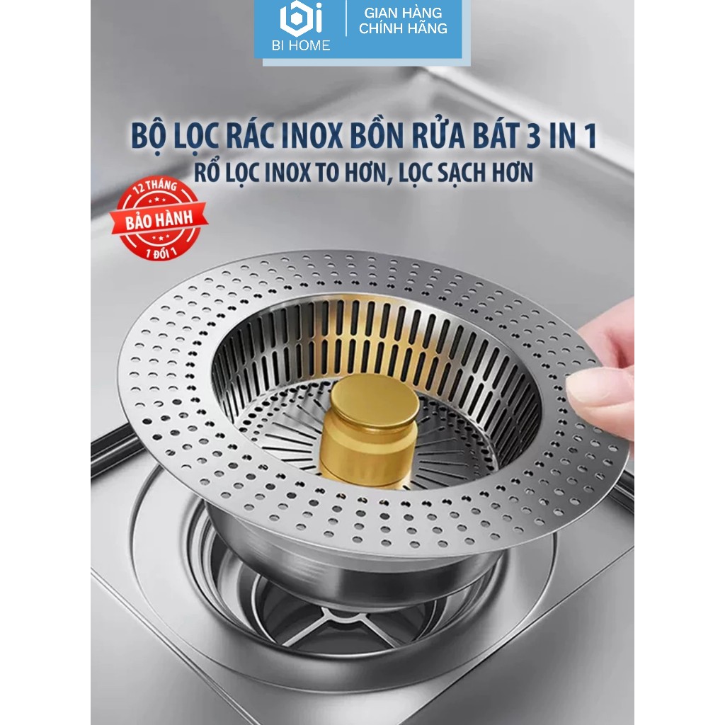 Bộ Lọc Rác Bồn Rửa Bát Inox 304 3 in 1 BIHOME - Ngăn mùi hôi côn trùng, Nút chặn thoát nước, Khay giỏ lọc Cho Chậu Rửa