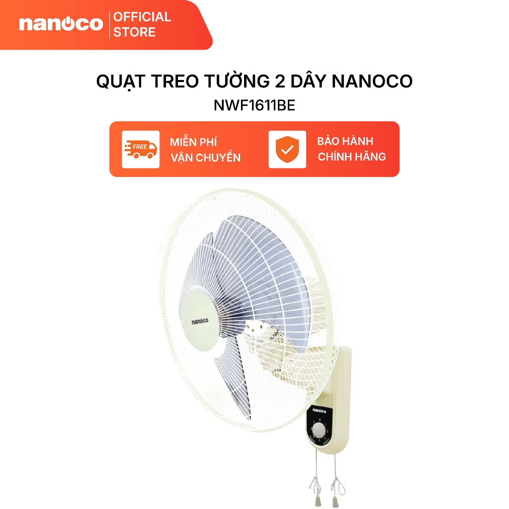 Quạt treo tường 2 dây Nanoco model NWF1611 (bạc thau, 3 cấp độ gió, công suất 47W)