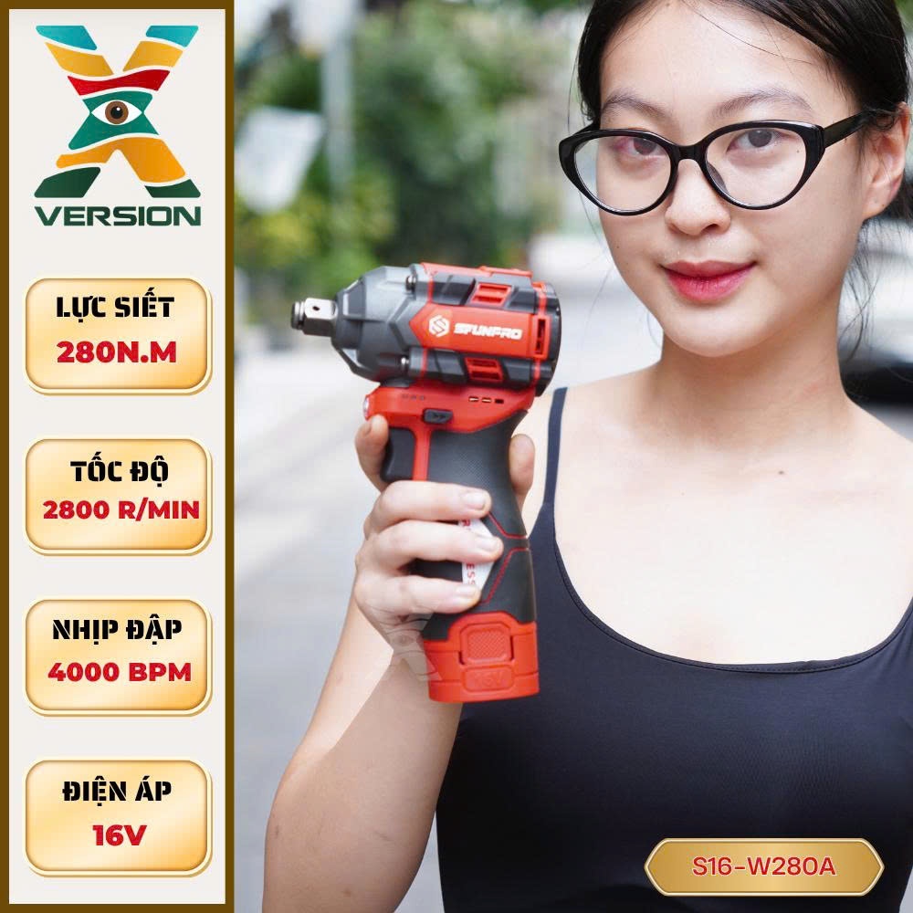 Máy siết bulong 16v SFUNPRO - S16 W280A , trọn bộ 2p1s sử dụng chân 16v , lực siết 280N - Xversion