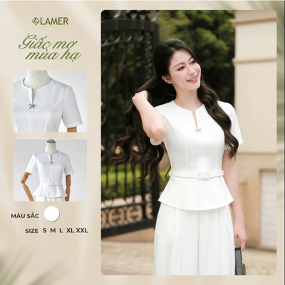 Áo Kiểu Nữ LAMER FASHION Dáng Peplum Đai Eo Đính Nơ Trang Trí Thanh Lịch, Công Sở O61B26Q004