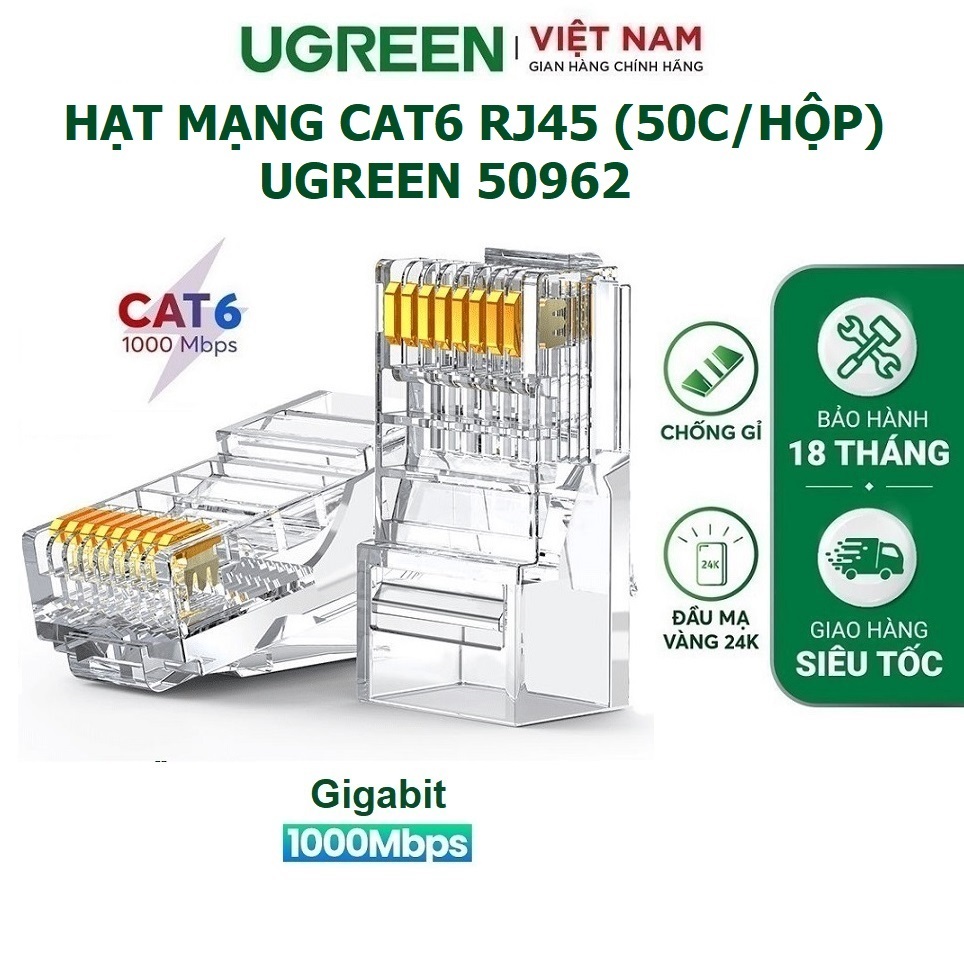 Hộp 100/50 chiếc Đầu bấm Hạt mạng Cat6 RJ45 chân mạ Vàng chính hãng Ugreen 50962 / 60558 cao cấp - B