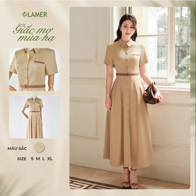 Đầm Công Sở LAMER FASHION Dáng Dài Cổ Đức Cộc Tay Ly Bung Phối Đai Eo Cao Cấp O63L26H001