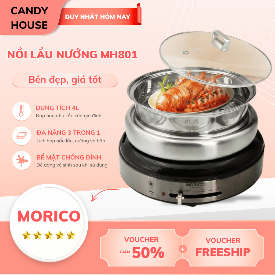 Nồi Lẩu Nướng Hấp Morico MH801 Dung Tích 4L Đa Chức Năng 3in1 Nướng Lẩu Hấp Tiện Lợi Dễ Vệ Sinh