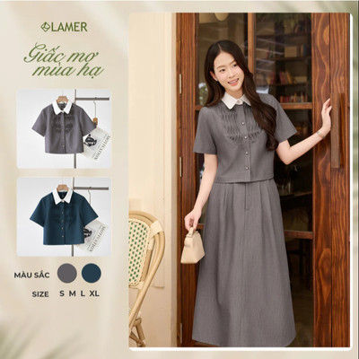 Áo Kiểu Nữ Tay Ngắn LAMER FASHION Phối Cổ Đức Mí Ngực Phối Chân Váy A Cạp Chun 2 Bên  V61H25Q032, O61H26Q008
