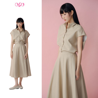 Set OLV áo và chân váy thanh lịch Beige Tie Neck Midi Set