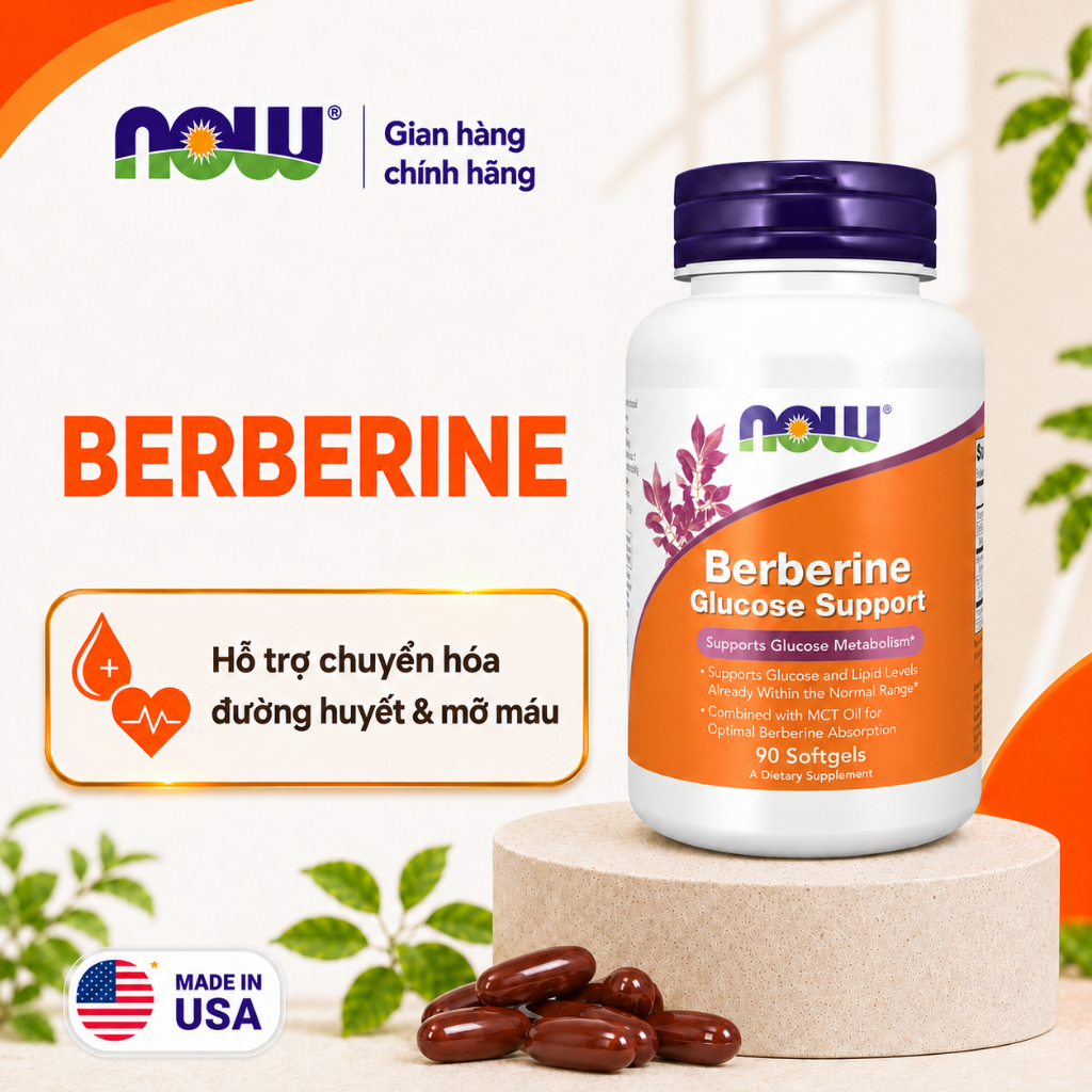 (đủ bill) Viên hỗ trợ rối loạn chuyển hóa Berberine Now (90 viên) kiểm soát đường huyết, cholesterol