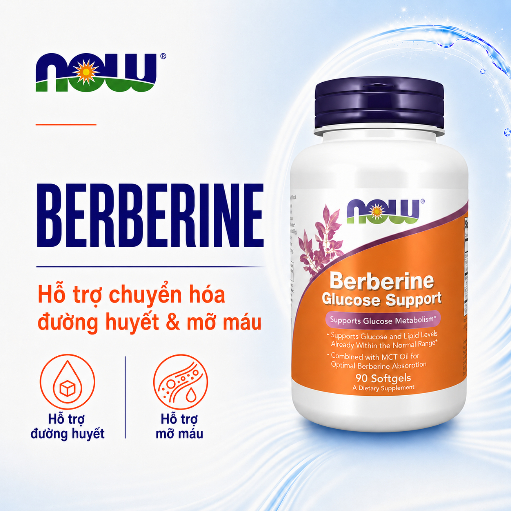Viên uống Berberine Now (90 viên) hỗ trợ rối loạn chuyển hóa, giảm mỡ máu, cholesterol, đường huyết