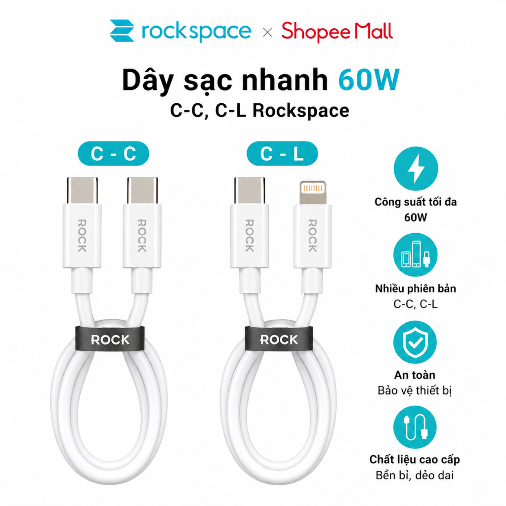 Dây Cáp sạc nhanh pd 20w Rockspace P8 dùng cho 8 tới 13 promax hàng chính hãng bảo hành 1 năm