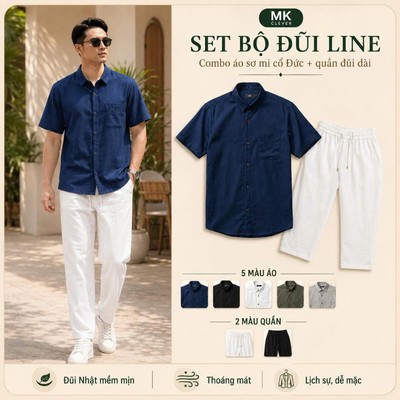 Set Bộ Nam Sơ Mi Cổ đức Line + Quần Đũi dài MK CLEVER Bộ Nam Form Thoải mái, Thoáng mát ,Trẻ trung mùa hè