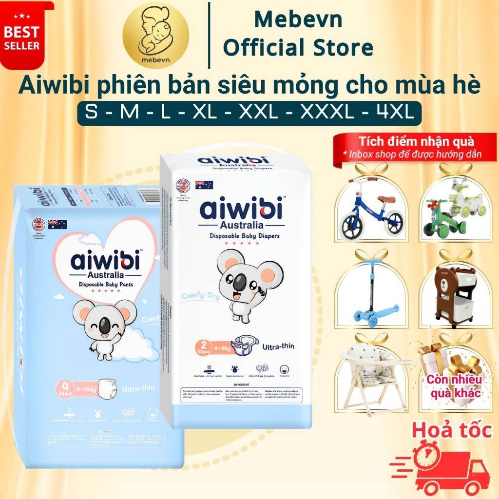 Bỉm mỏng mùa hè cho bé cao cấp Aiwibi - Australia, bỉm siêu mỏng, thoáng khí, hút ẩm nhanh cho bé