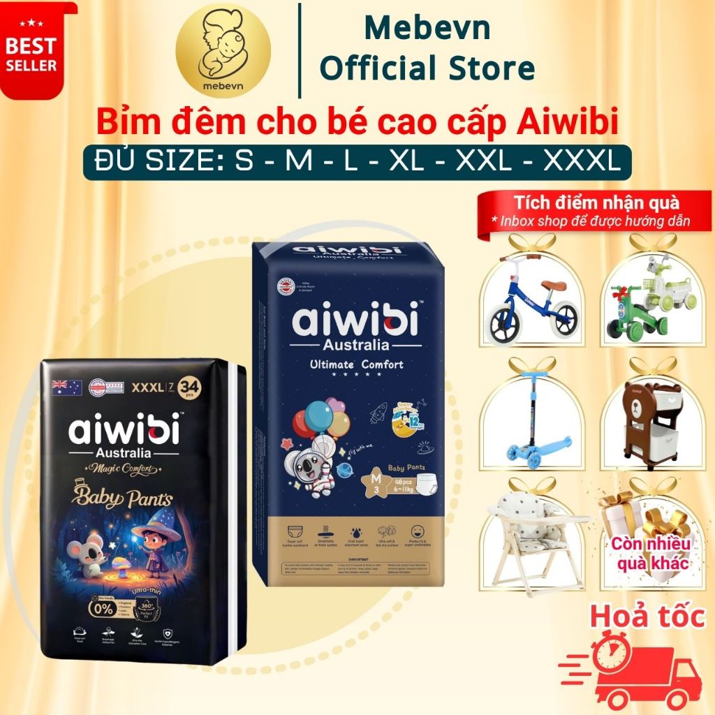 Bỉm đêm aiwibi Australia, bỉm đêm cho bé cao cấp, bỉm đêm aiwibi siêu mỏng đủ size đến 48 miếng