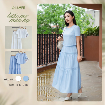 Áo Kiểu Nữ LAMER FASHION Croptop Thêu Ngực Phối Chân Váy Xòe Nhún Tầng 2 Lớp Mí Xếp O61B26H021 O62L26H004