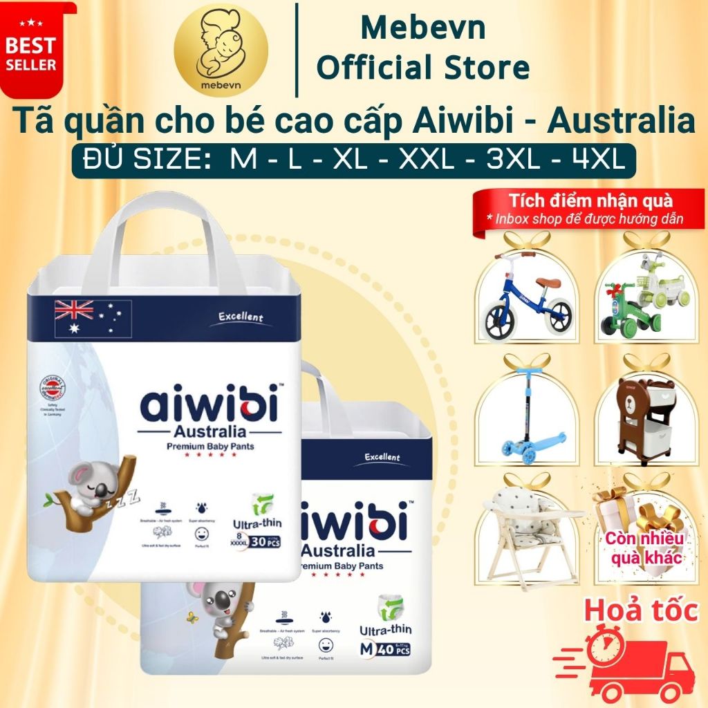 Tã quần cho bé Aiwibi Australia, bỉm cho bé siêu mỏng và mềm mại, bỉm aiwibi thấm hút đến 10 tiếng