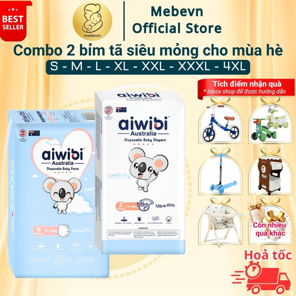 Combo 2 bịch bỉm mỏng mùa hè cho bé cao cấp Aiwibi - Australia, bỉm siêu mỏng, thoáng khí cho bé