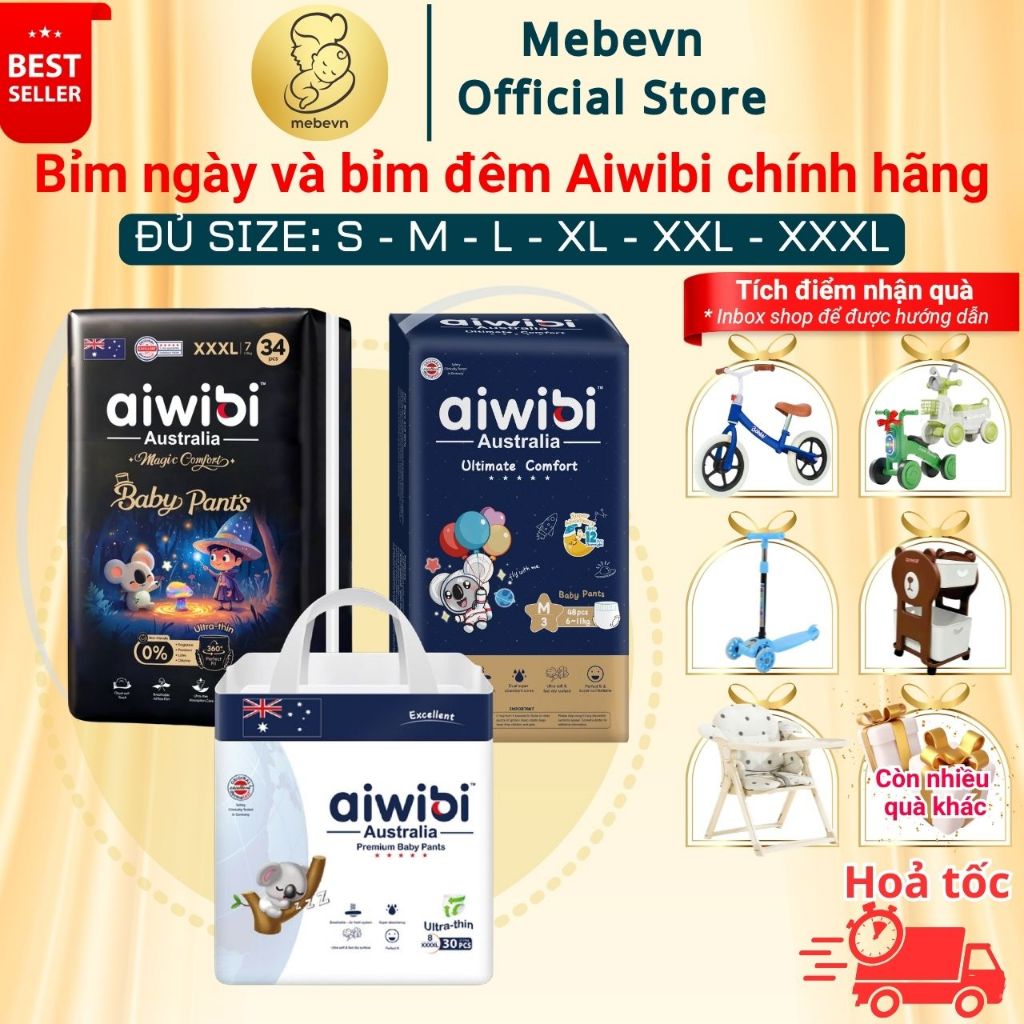 Bỉm Aiwibi chính hãng Ngày + Đêm cao cấp, Bỉm Aiwibi Dán/Quần đủ size NB/S/M/L/XL/XXL/XXXL/4XL