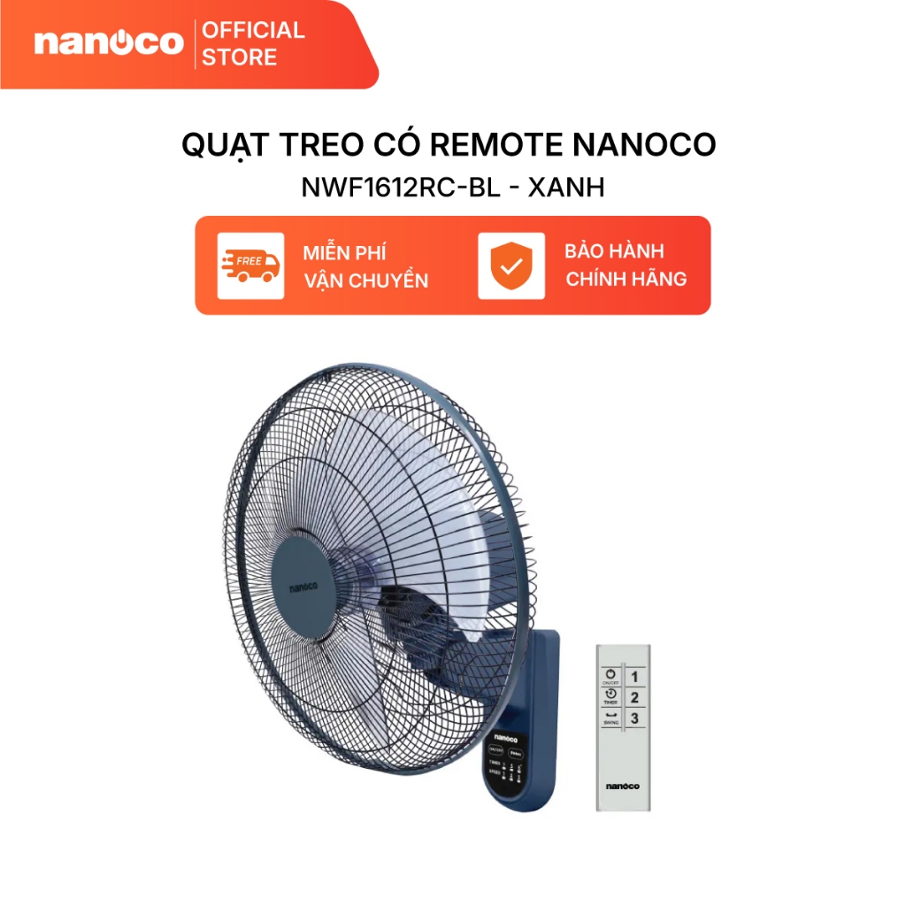 Quạt treo có remote Nanoco model NWF1612RC (3 cấp độ gió, bạc thau, công suất 47W, cánh 40cm)