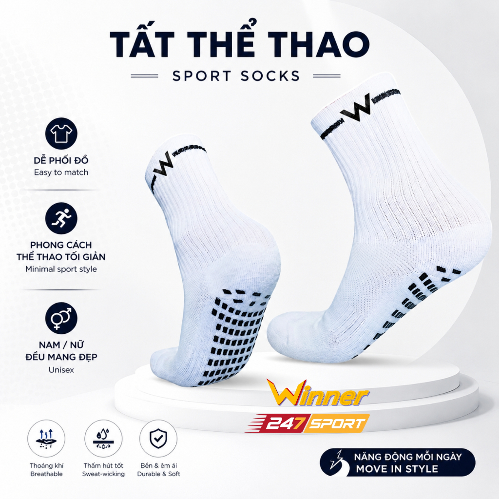Tất chống trơn đá bóng Winner 247Sport chính hãng cotton thâm hút mồ hôi độ bền cao thể thao pickleb