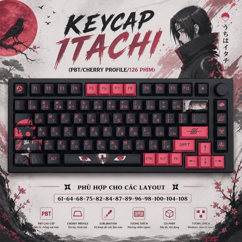 Keycap  Cho Bàn Phím Cơ Itachi Thick PBT Cherry Profile 126 Phím - Prolife, Chất liệu PBT, Màu Đen, 