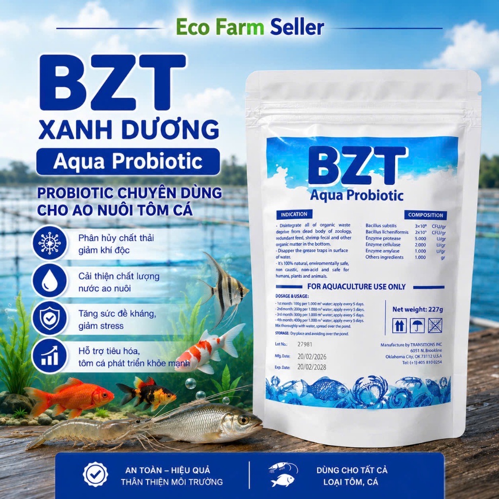 Vi Sinh Aqua Probiotic BZT Xử Lý Nước - Khử Mùi Tanh Hôi Và Giảm Khí Độc Đáy Ao Nuôi Tôm - Cá Koi