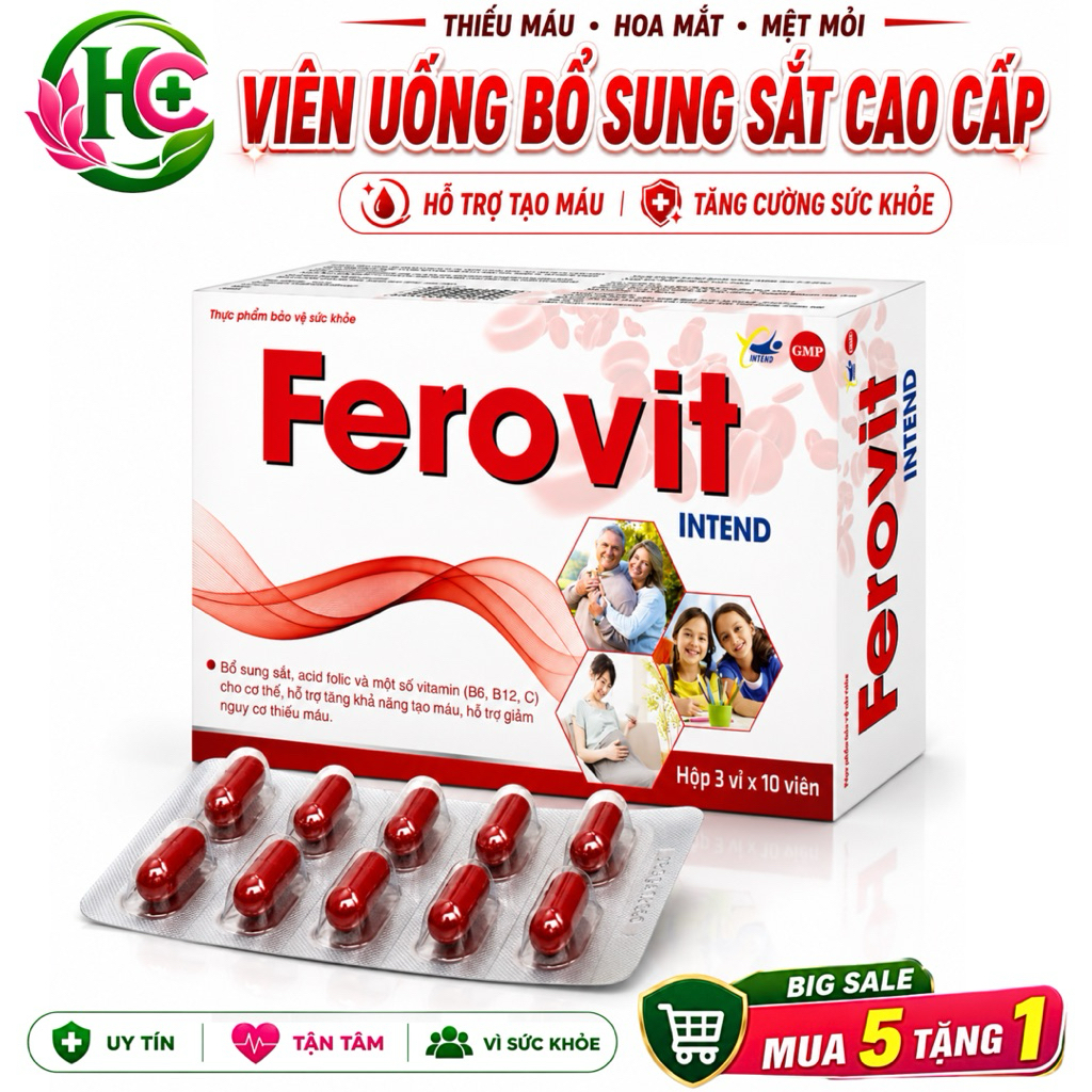 Sắt Bổ Máu Ferovit INTEND – Hỗ Trợ Thiếu Máu Chóng Mặt Mệt Mỏi Bổ Sung Sắt Cho Bà Bầu 30 Viên