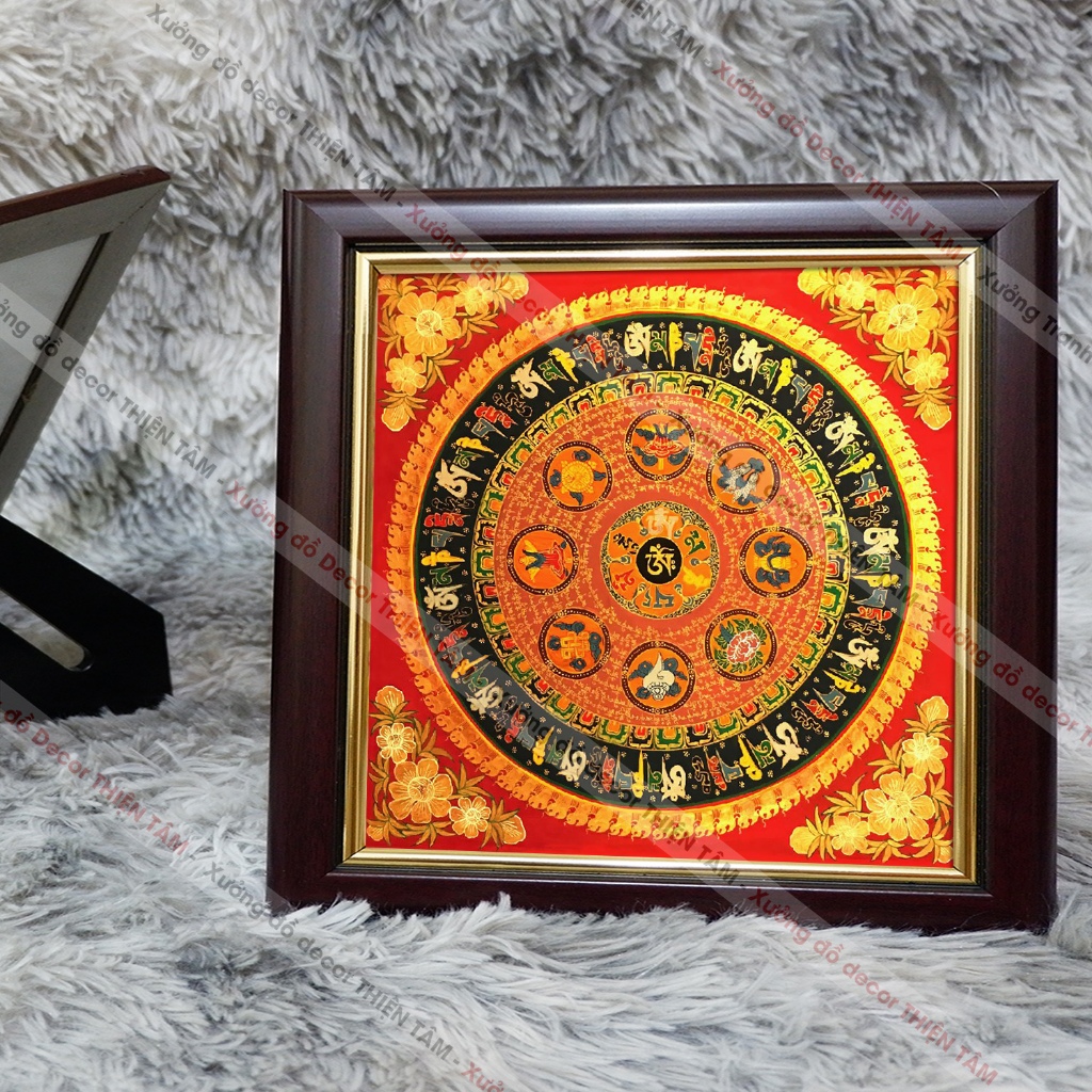 Tranh Om Mani Padme Hum Mandala 20x20cm để bàn khung composite cao cấp.