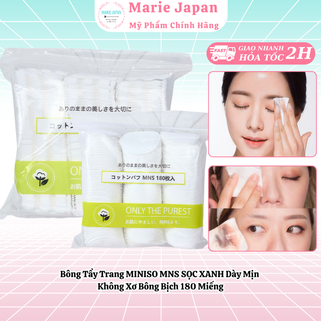 Bông Tẩy Trang MINISO MNS SỌC XANH Dày Mịn Không Xơ Bông Bịch 180 Miếng