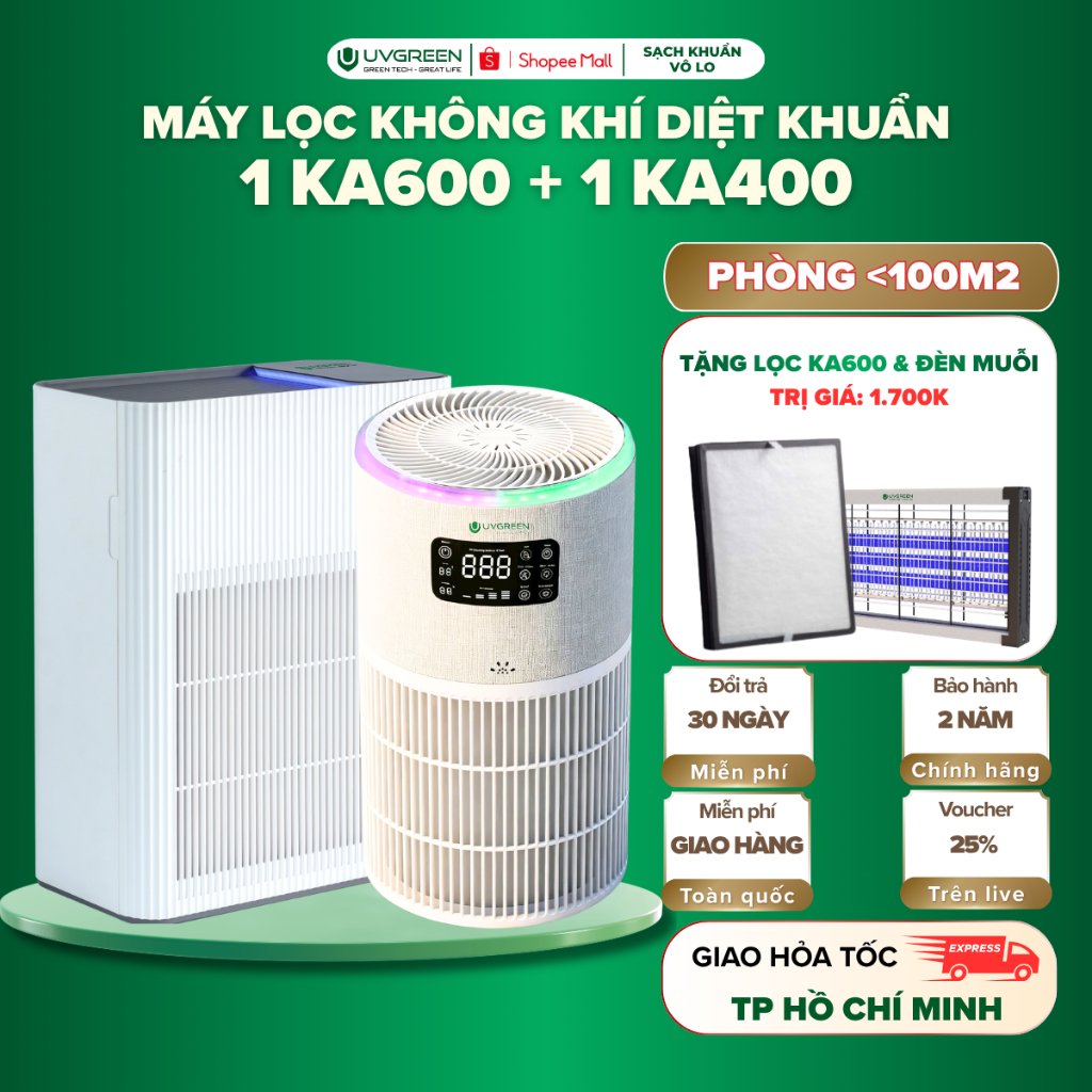 [TẶNG QUÀ] Combo 2 Máy Lọc Không Khí UVGREEN KA600 Và KA400, UVC LED & Ion Âm Diệt Khuẩn,Lọc Bụi Mịn