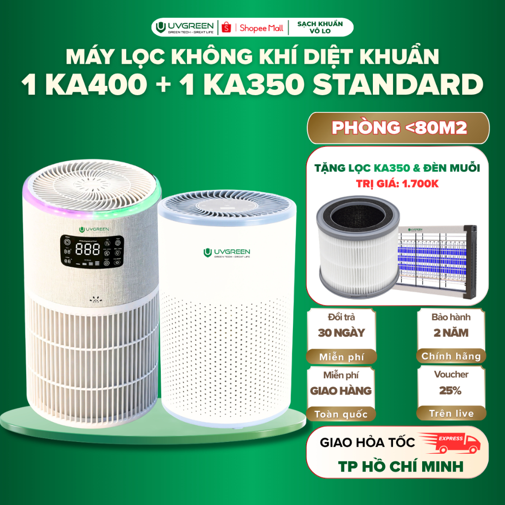 [TẶNG QUÀ] Combo 2 Máy Lọc Không Khí UVGREEN KA400 Và KA350 Standard, UVC LED & Ion Âm Diệt Khuẩn