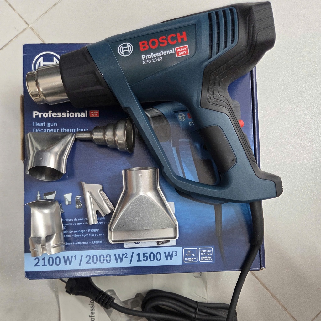 (ĐÈN LED HIỂN THỊ NHIỆT ĐỘ) MÁY KHÒ NHIỆT 2000W BOSCH GHG20-63 (tặng bộ mũi khò)