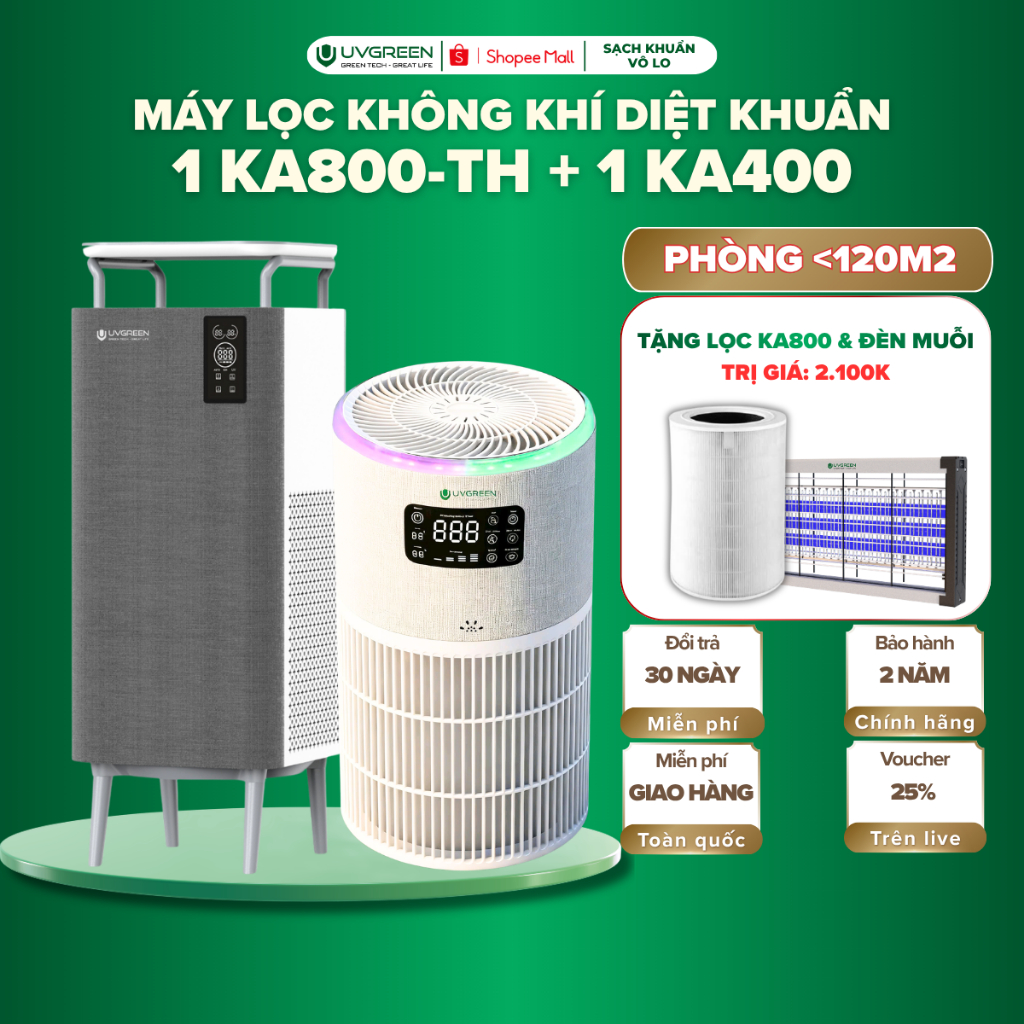 [TẶNG QUÀ] Combo 2 Máy Lọc Không Khí UVGREEN KA800-TH & KA400, UVC LED & Ion Âm Diệt Khuẩn
