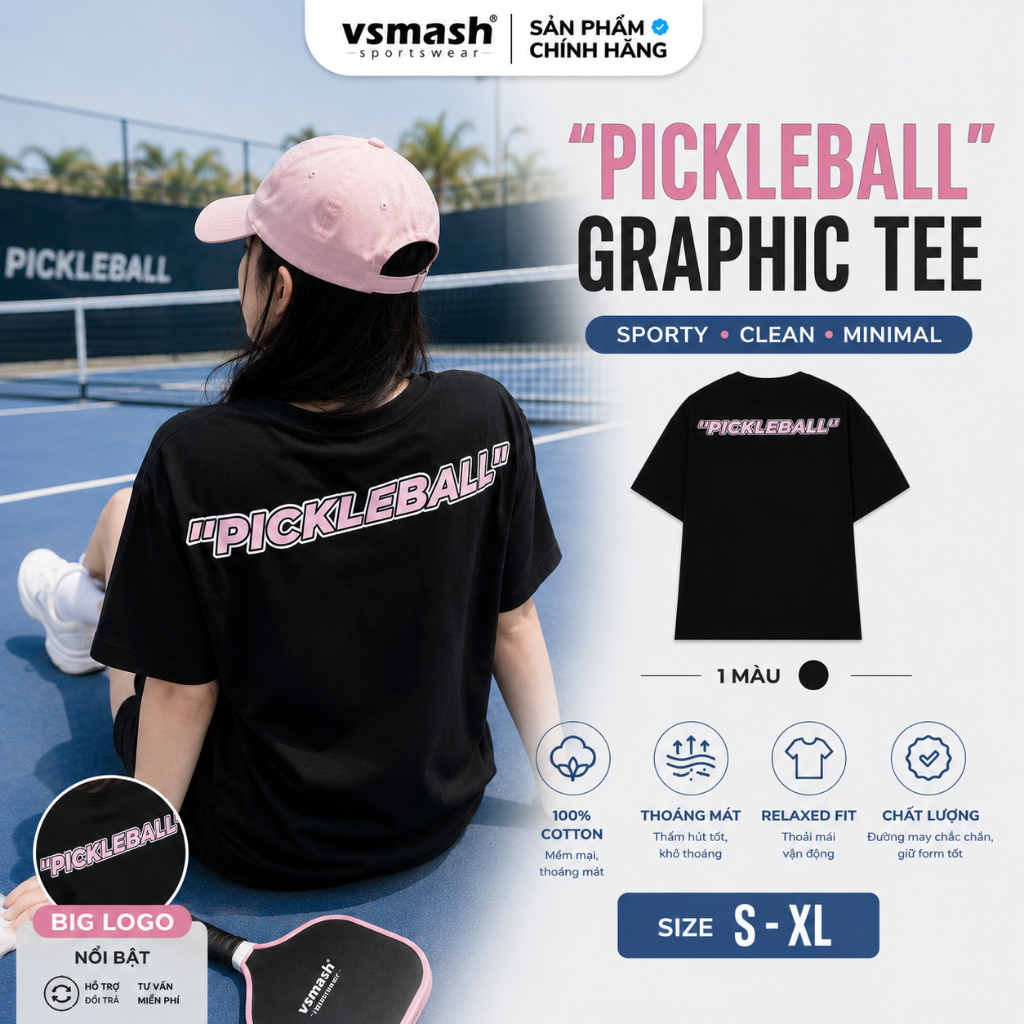 Áo Thun Pickleball Unisex Vsmash Sportwear – In lụa chữ Pickleball - Vải Bông Em Bé Mềm Mịn, Thoáng 