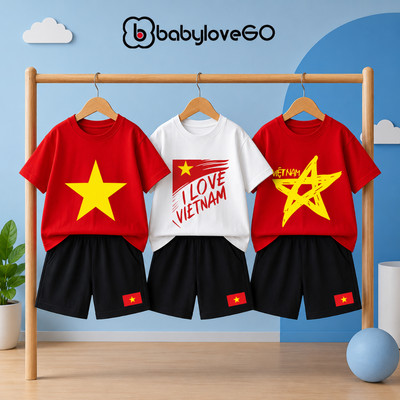 Đồ bộ cho bé BabyloveGO bộ quần áo đỏ sao vàng cho bé trai bé gái in hình cờ Việt Nam