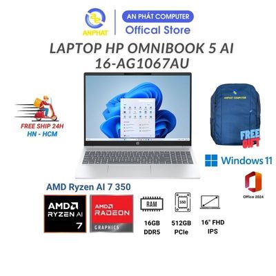 Laptop HP OmniBook 5 16-ag1067AU ((AMD Ryzen AI 7 350 |16 GB | 512 GB |16 inch FHD | Win11 & Office)